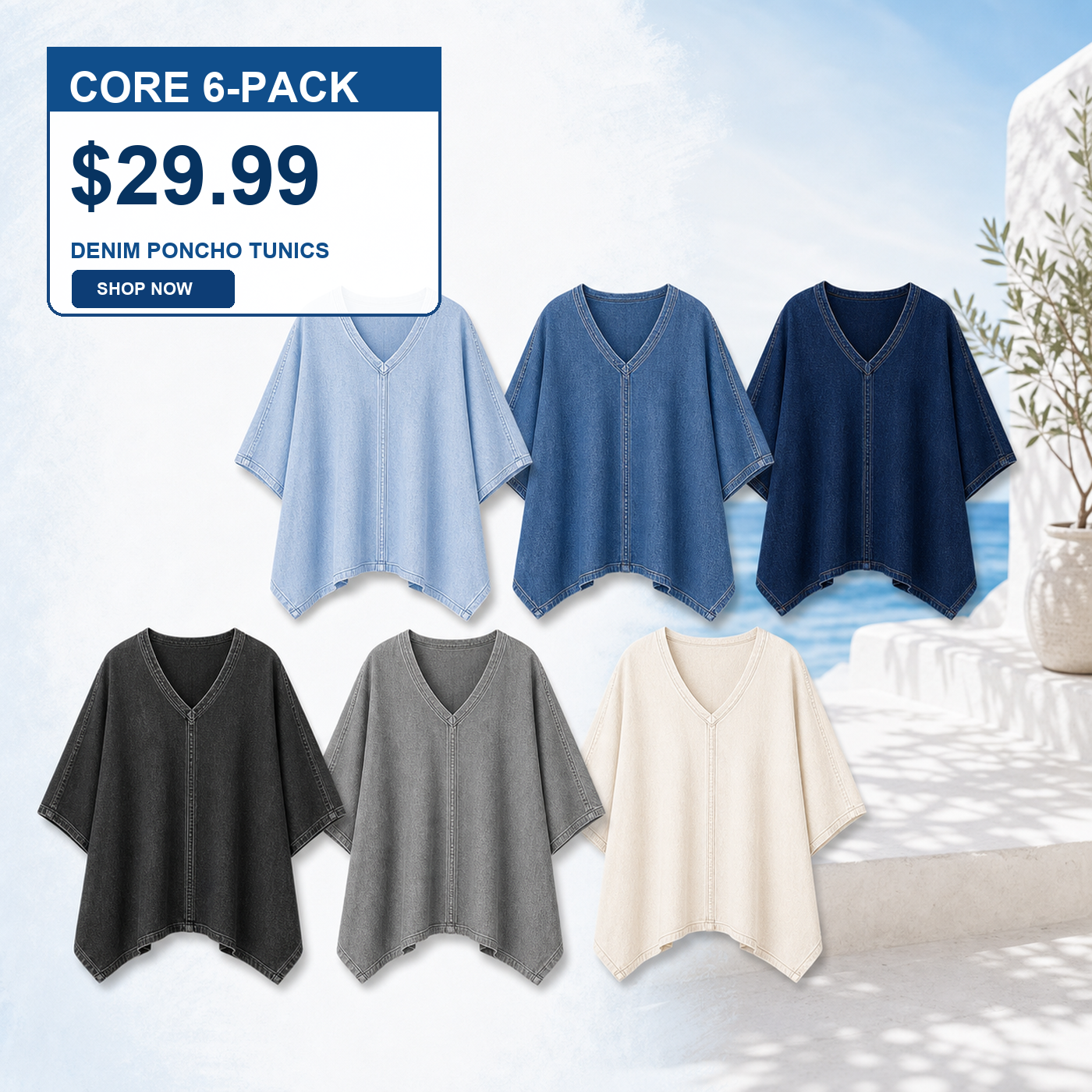 Women's Oversized Denim V-Neck Poncho Tunic Tops