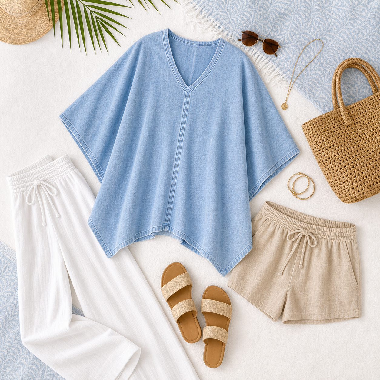 Women's Oversized Denim V-Neck Poncho Tunic Tops