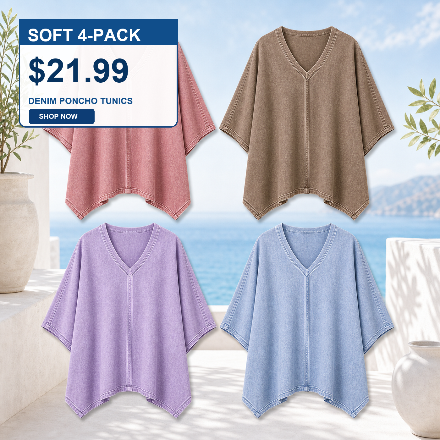 Women's Oversized Denim V-Neck Poncho Tunic Tops