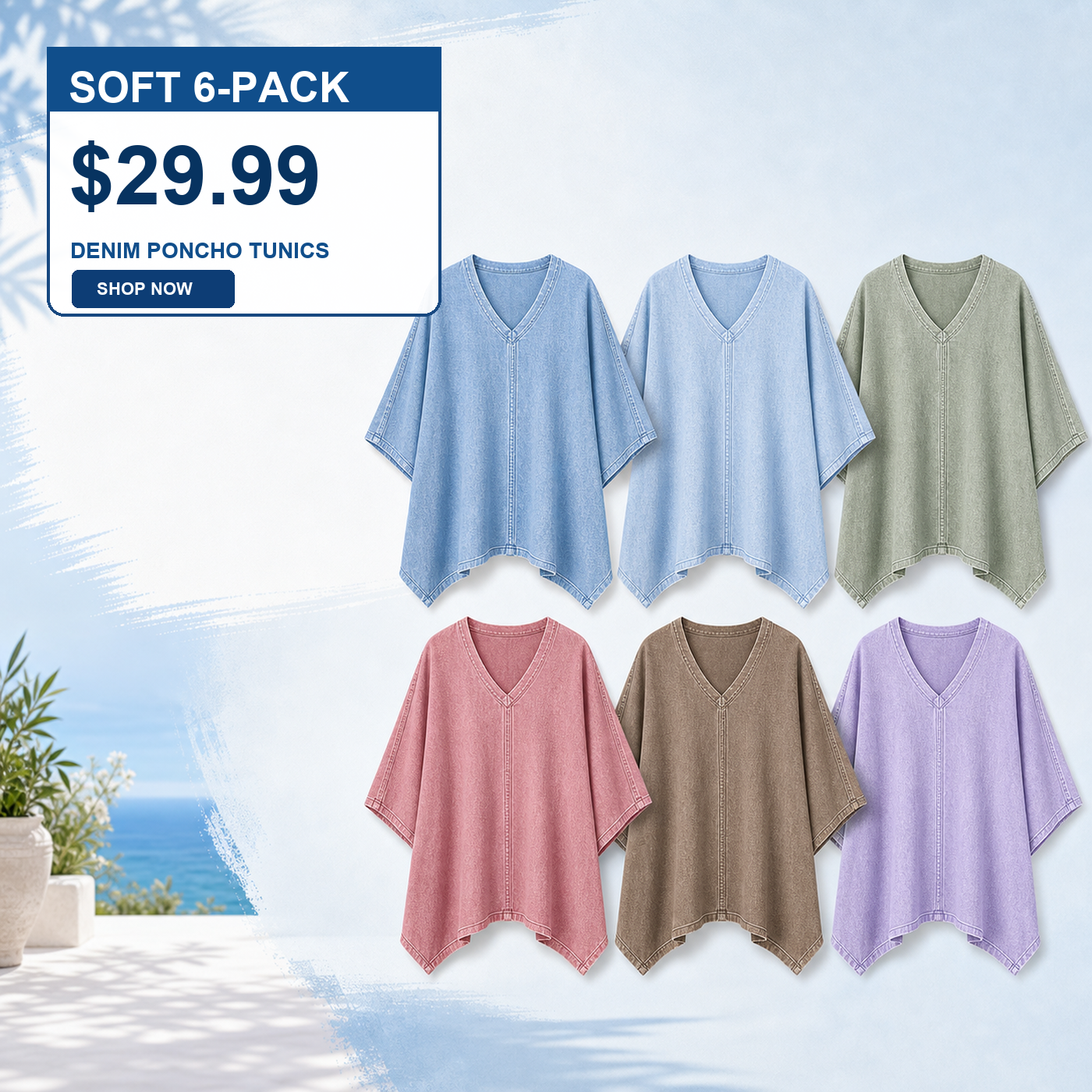 Women's Oversized Denim V-Neck Poncho Tunic Tops