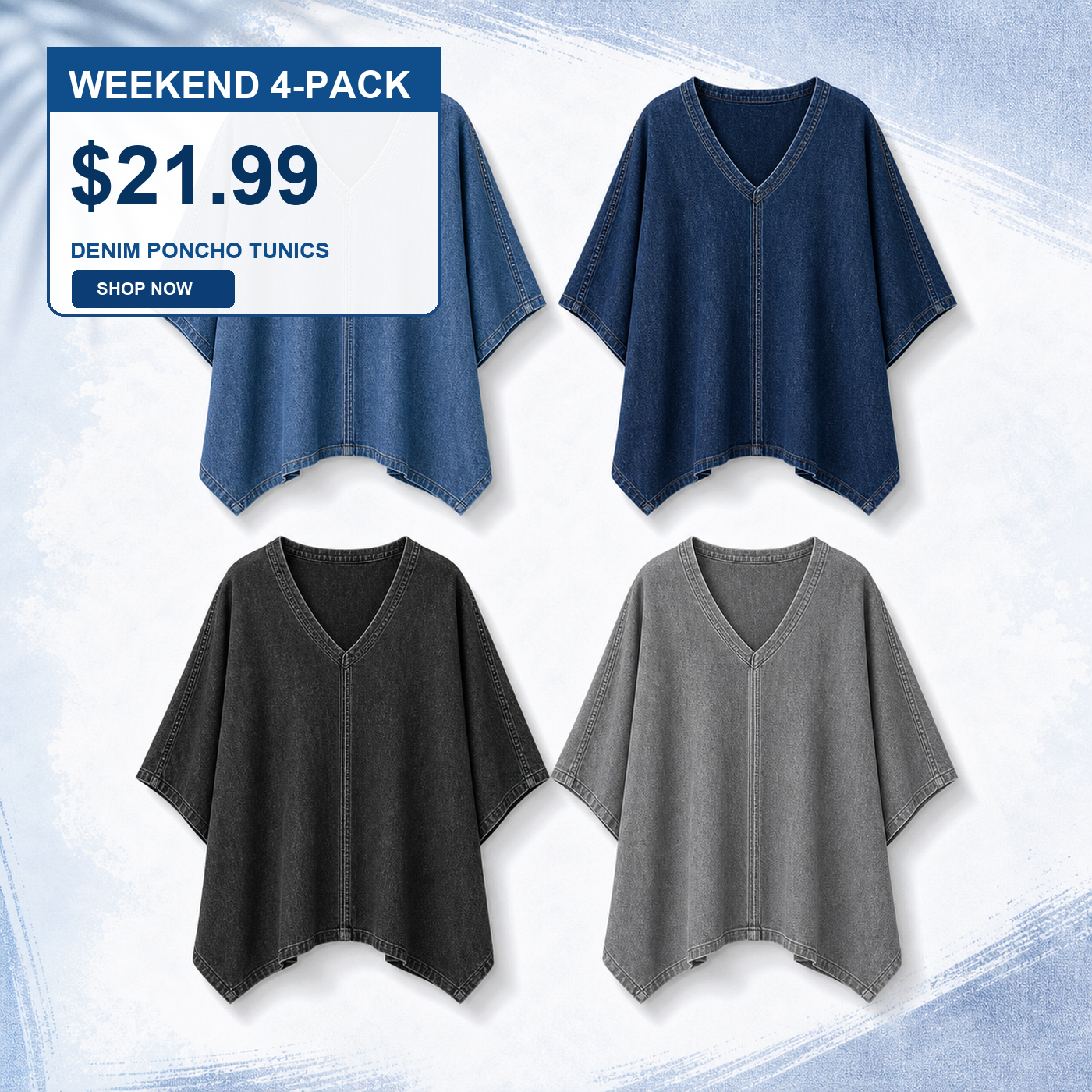 Women's Oversized Denim V-Neck Poncho Tunic Tops