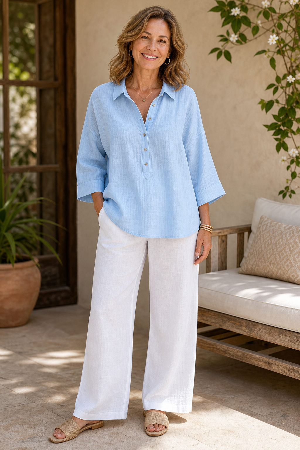 Women's Linen-Gauze Button Placket Collared Blouses