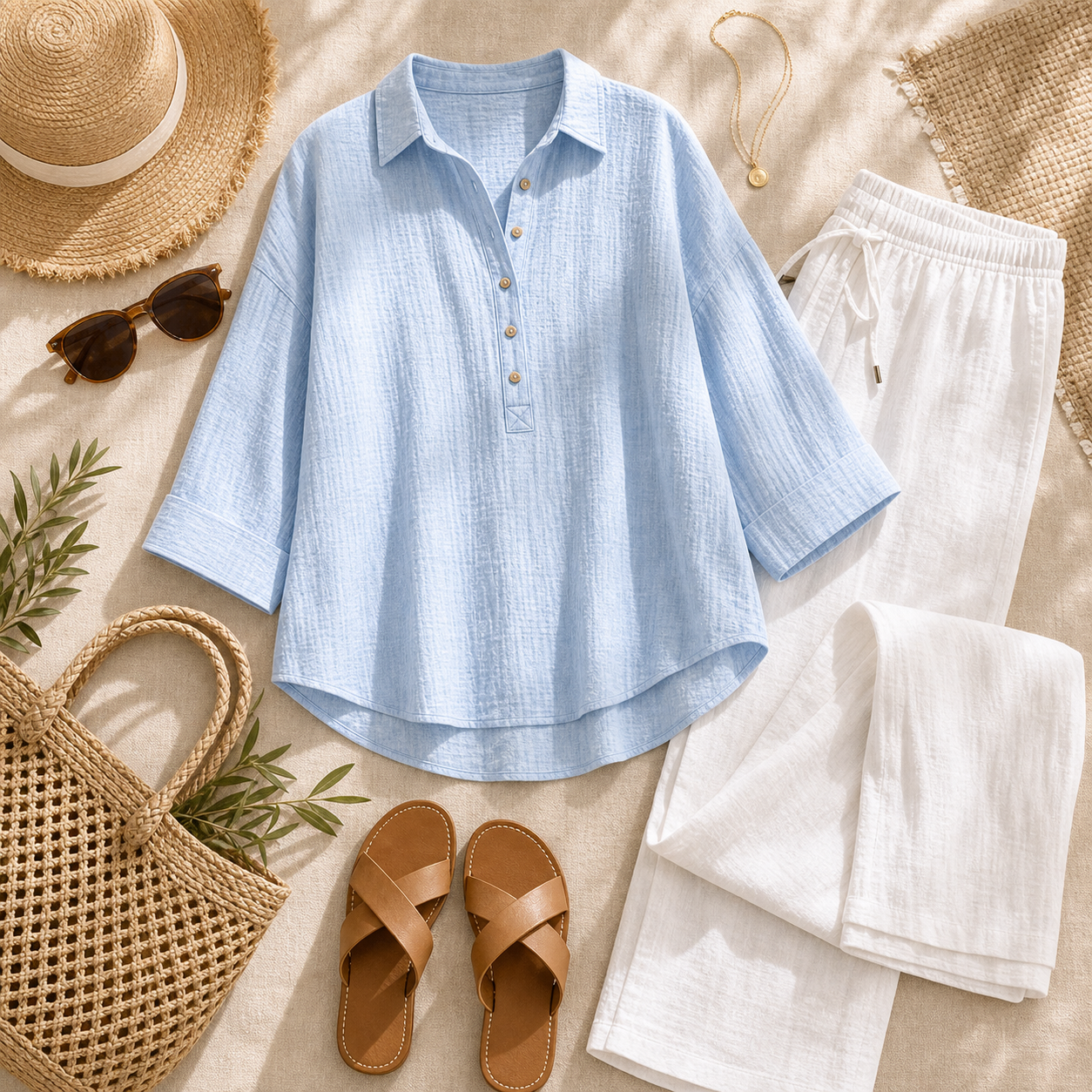 Women's Linen-Gauze Button Placket Collared Blouses