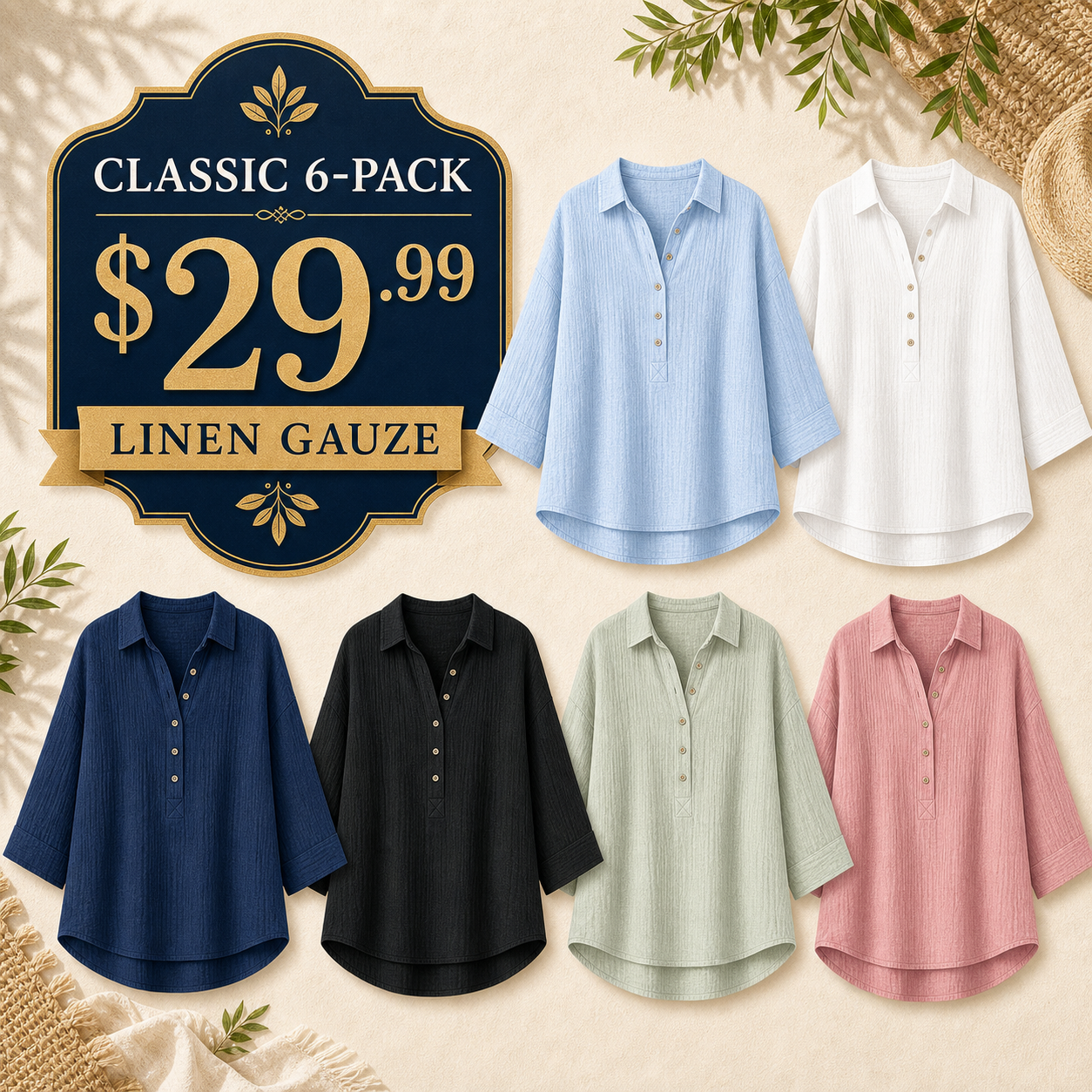 Women's Linen-Gauze Button Placket Collared Blouses