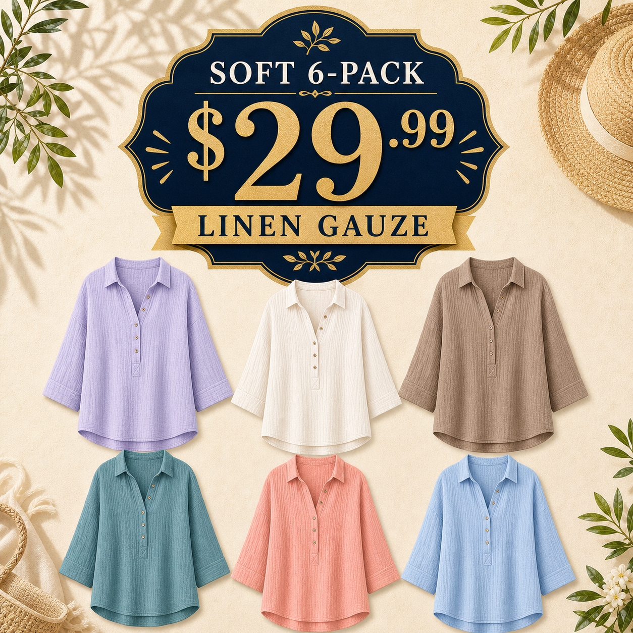 Women's Linen-Gauze Button Placket Collared Blouses