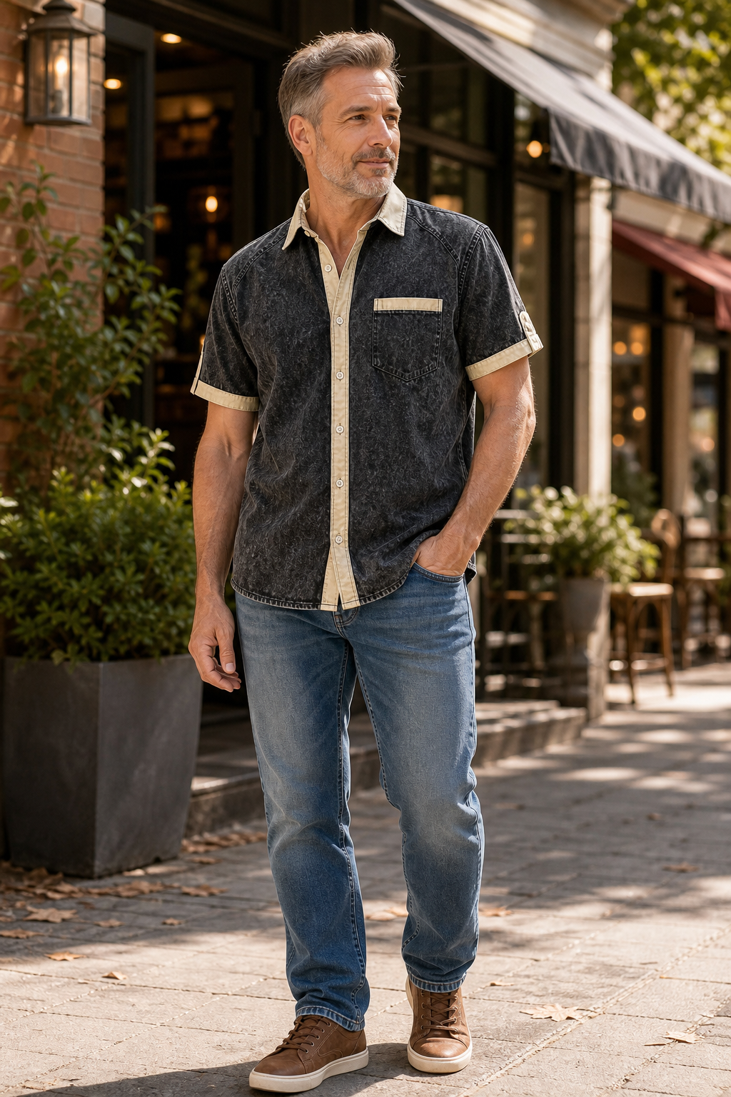 Men's Vintage Contrast Trim Short Sleeve Button-Up Shirt