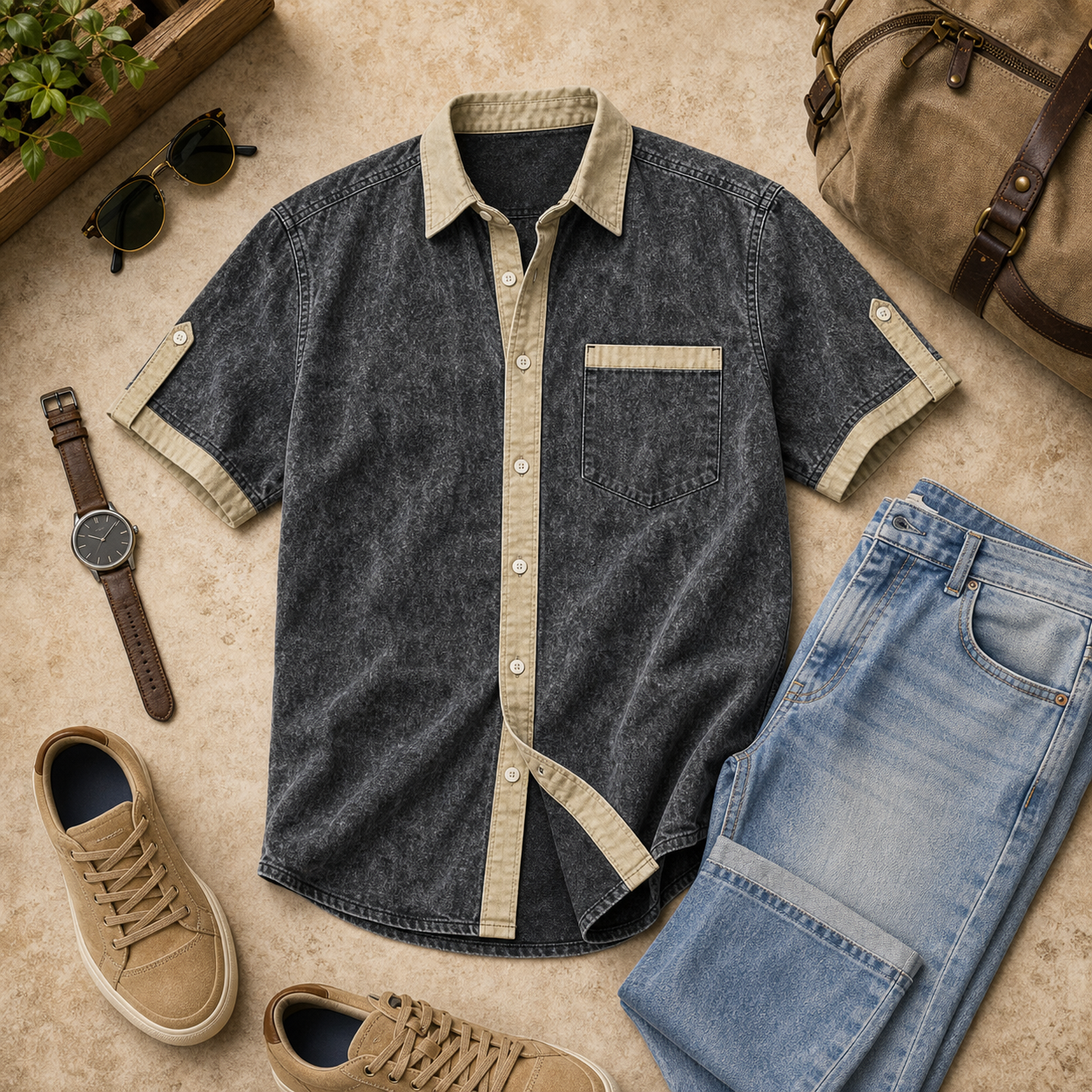 Men's Vintage Contrast Trim Short Sleeve Button-Up Shirt