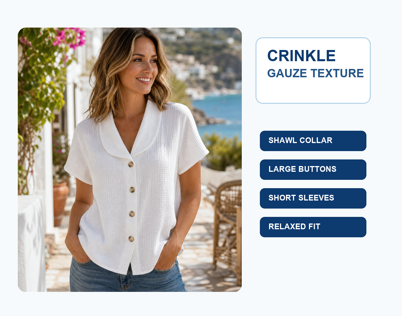 Women's Crinkle Gauze Short Sleeve Button-Up Blouses