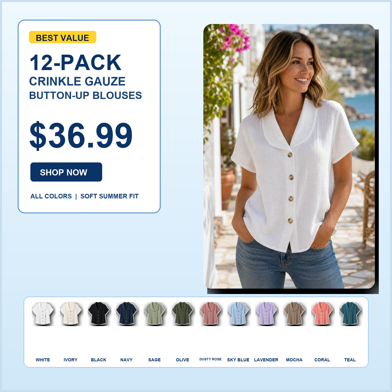 Women's Crinkle Gauze Short Sleeve Button-Up Blouses