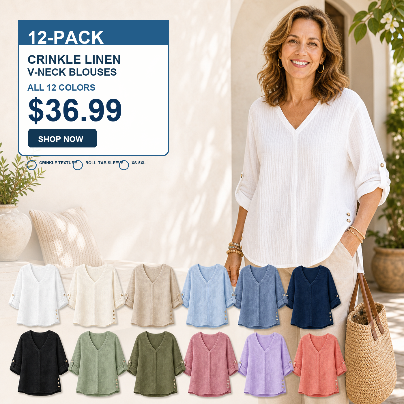 Women's Crinkle Linen V-Neck Roll-Tab Sleeve Blouses