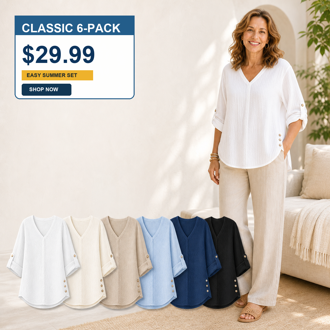 Women's Crinkle Linen V-Neck Roll-Tab Sleeve Blouses