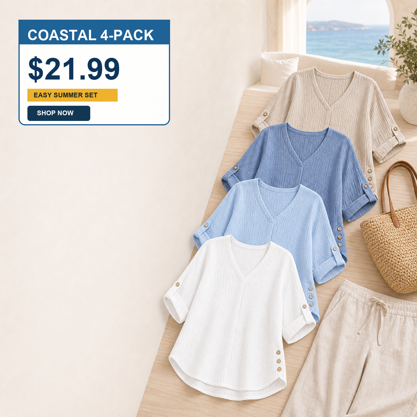 Women's Crinkle Linen V-Neck Roll-Tab Sleeve Blouses