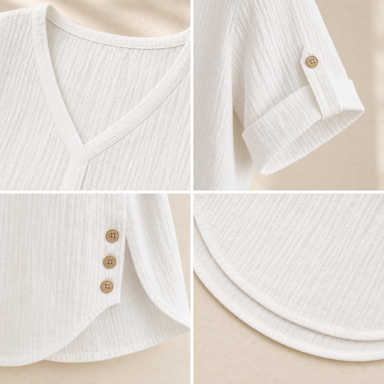 Women's Crinkle Linen V-Neck Roll-Tab Sleeve Blouses
