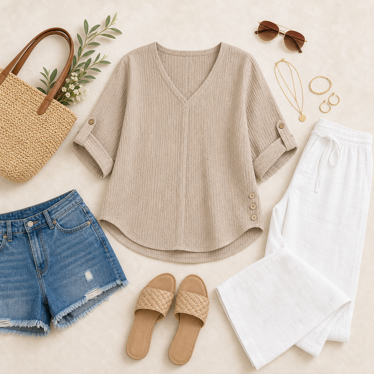 Women's Crinkle Linen V-Neck Roll-Tab Sleeve Blouses