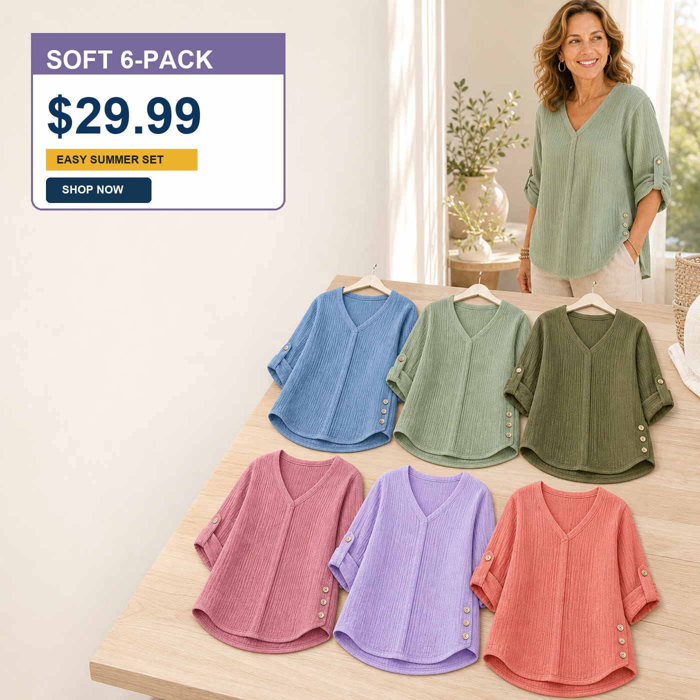 Women's Crinkle Linen V-Neck Roll-Tab Sleeve Blouses