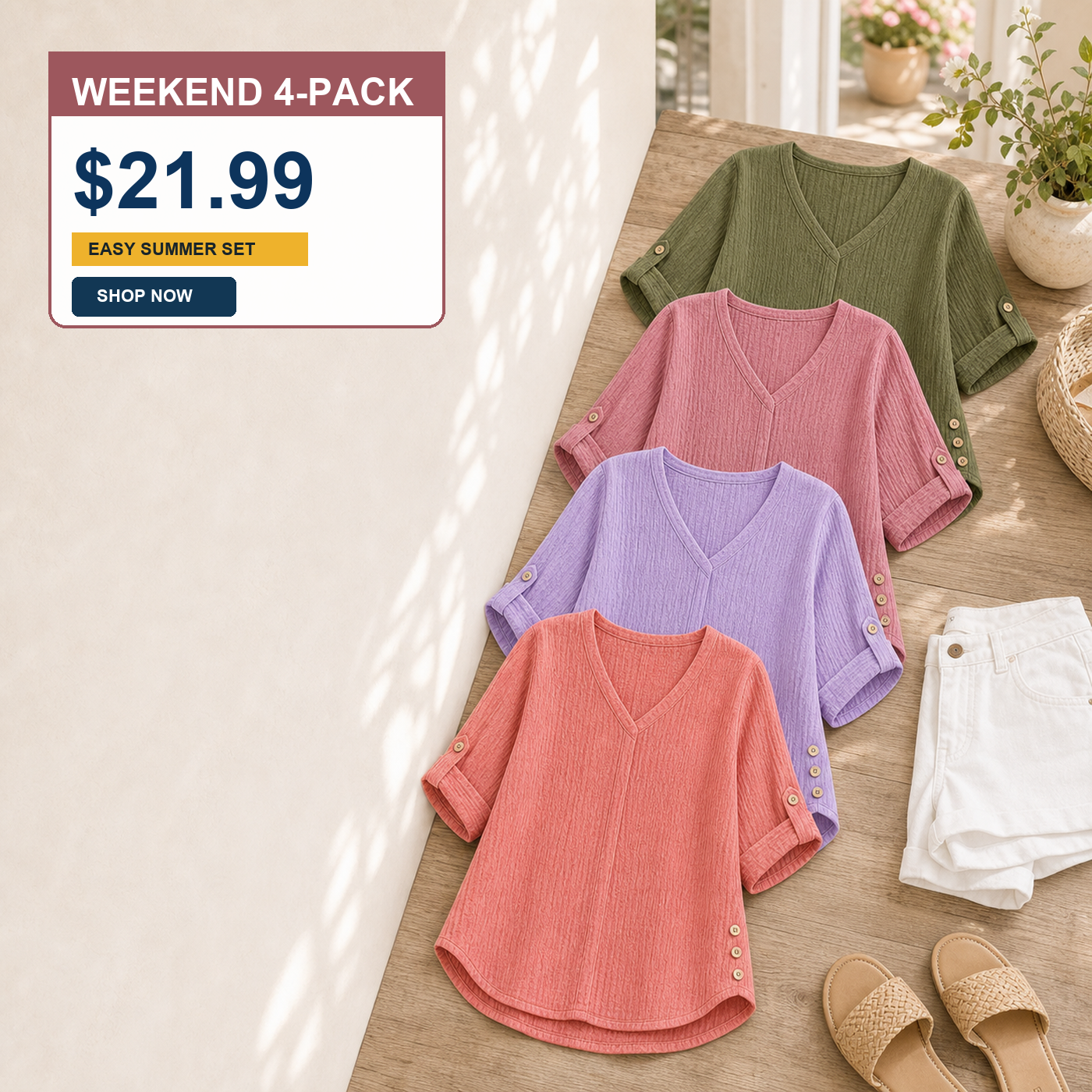 Women's Crinkle Linen V-Neck Roll-Tab Sleeve Blouses
