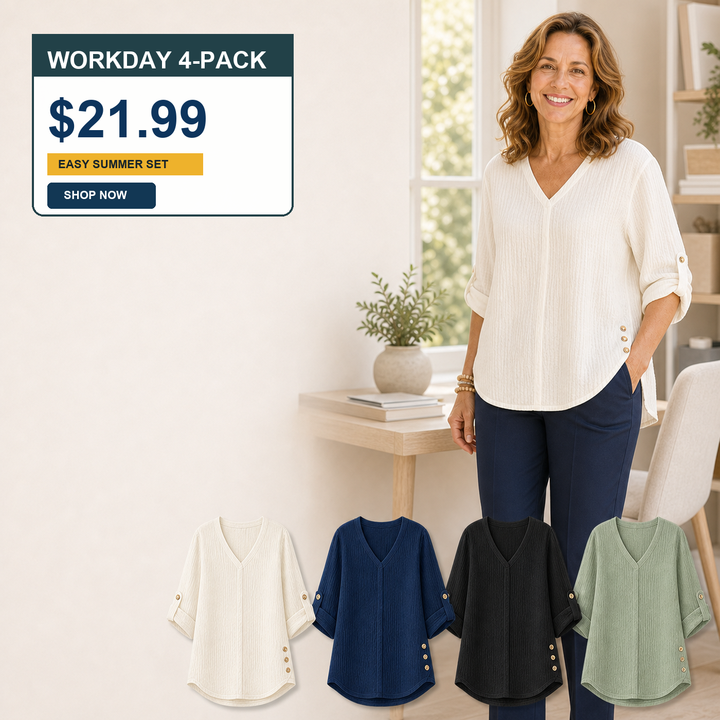 Women's Crinkle Linen V-Neck Roll-Tab Sleeve Blouses