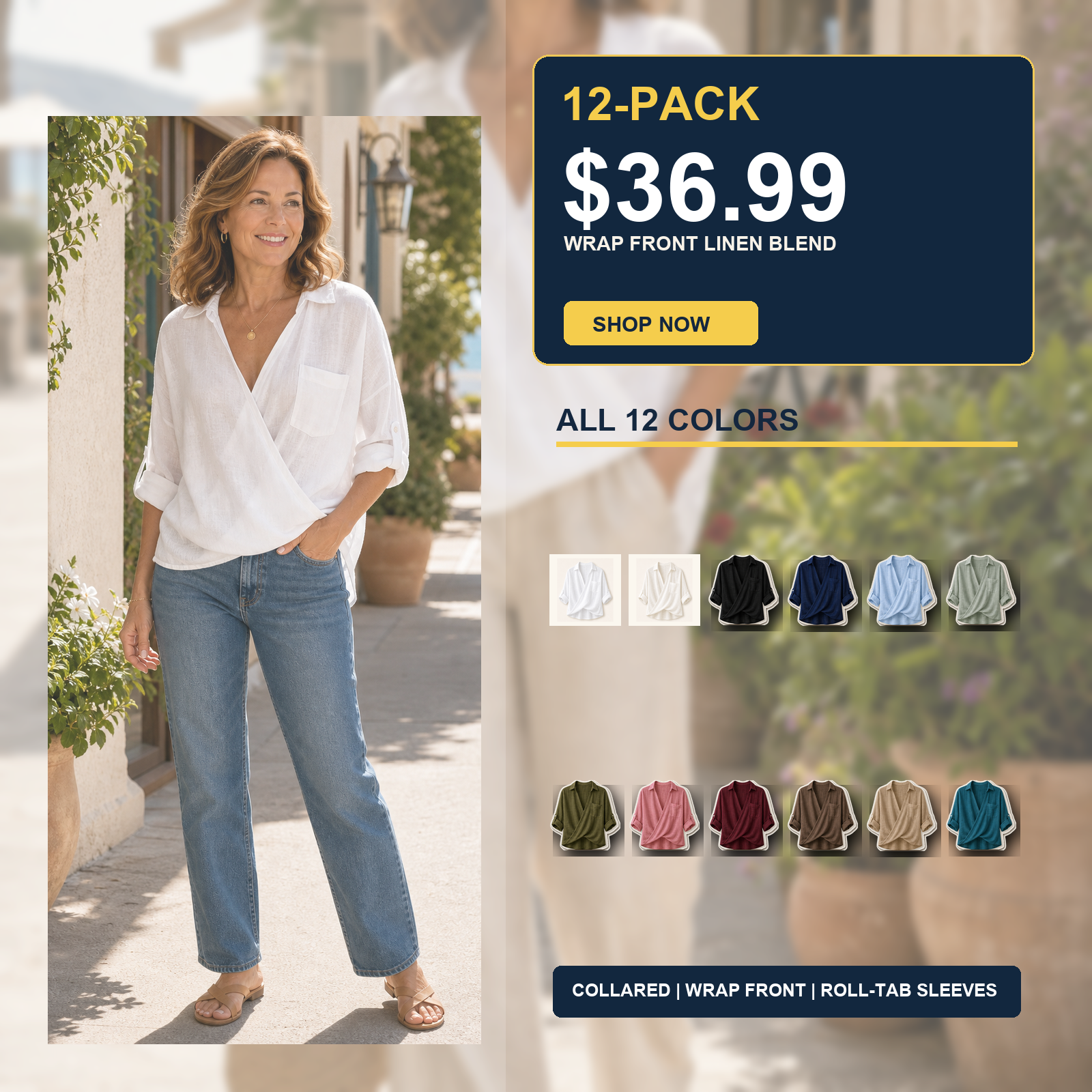 Women's Wrap Front Linen Blend Collared Blouses