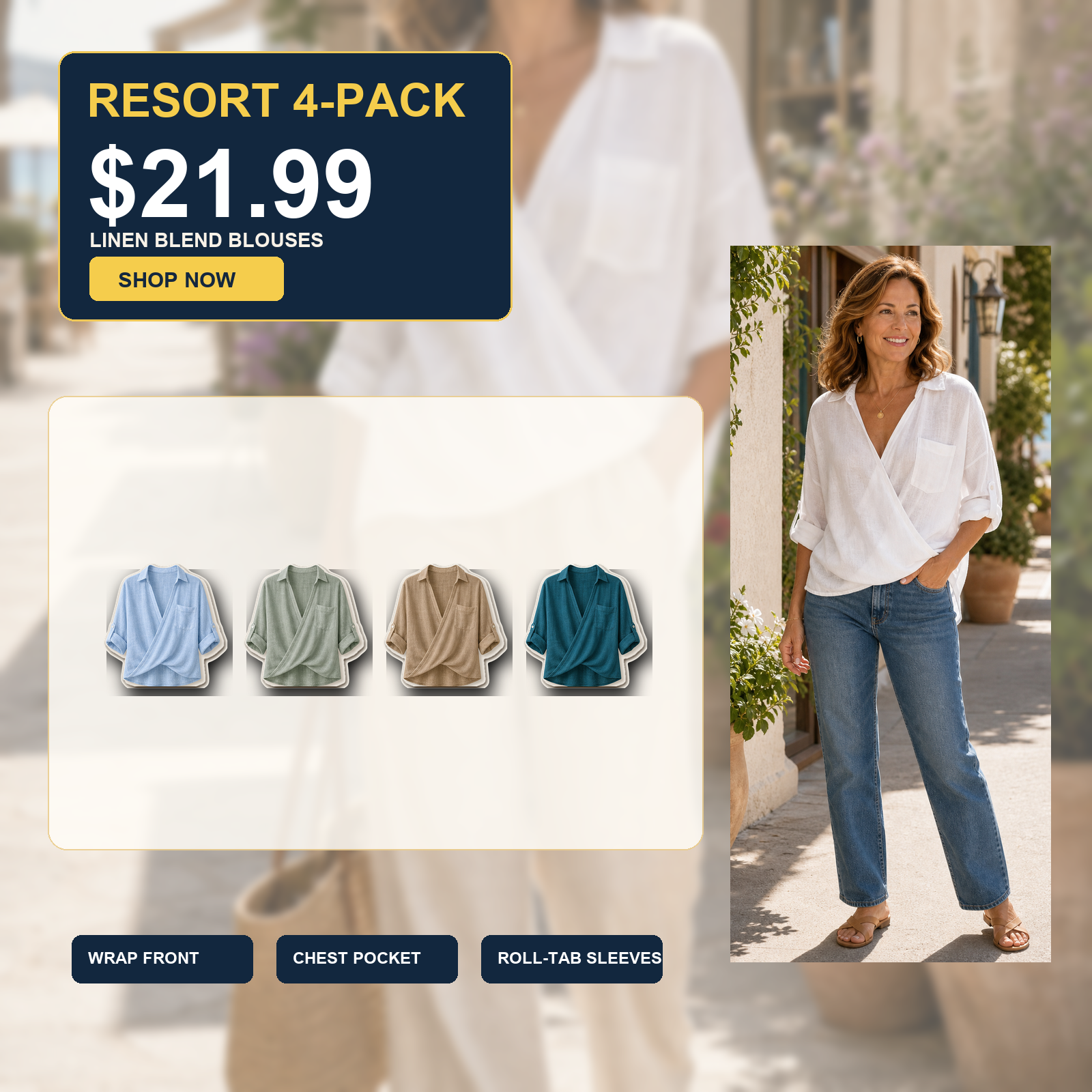 Women's Wrap Front Linen Blend Collared Blouses