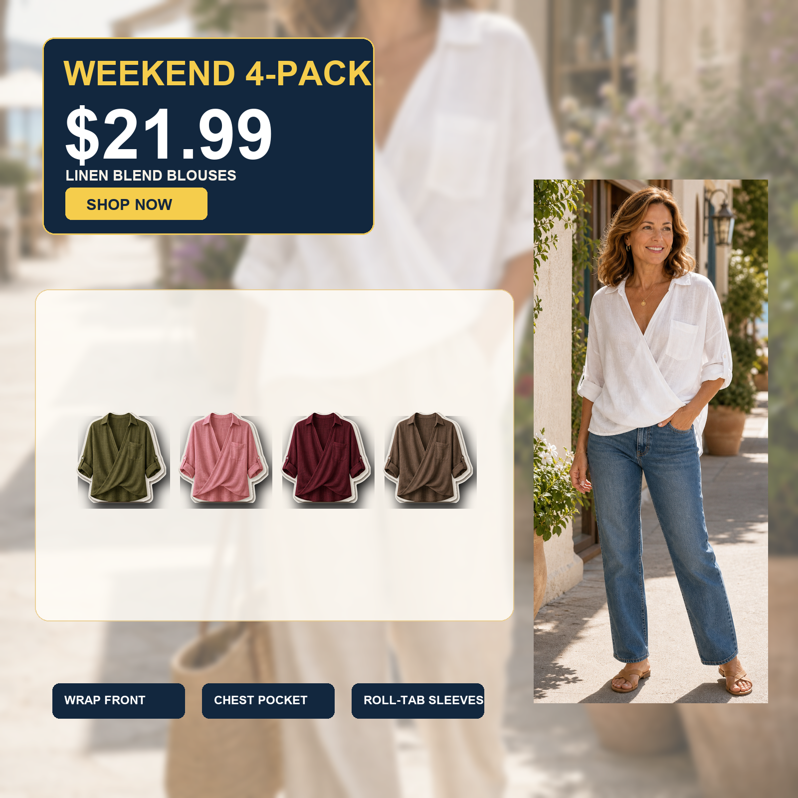 Women's Wrap Front Linen Blend Collared Blouses