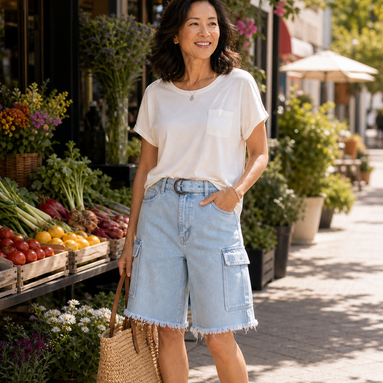 Women's Frayed Hem Denim Cargo Shorts