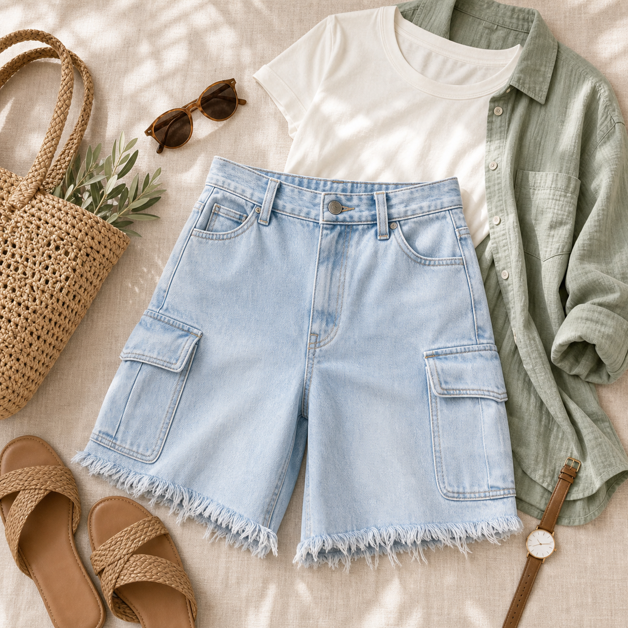 Women's Frayed Hem Denim Cargo Shorts