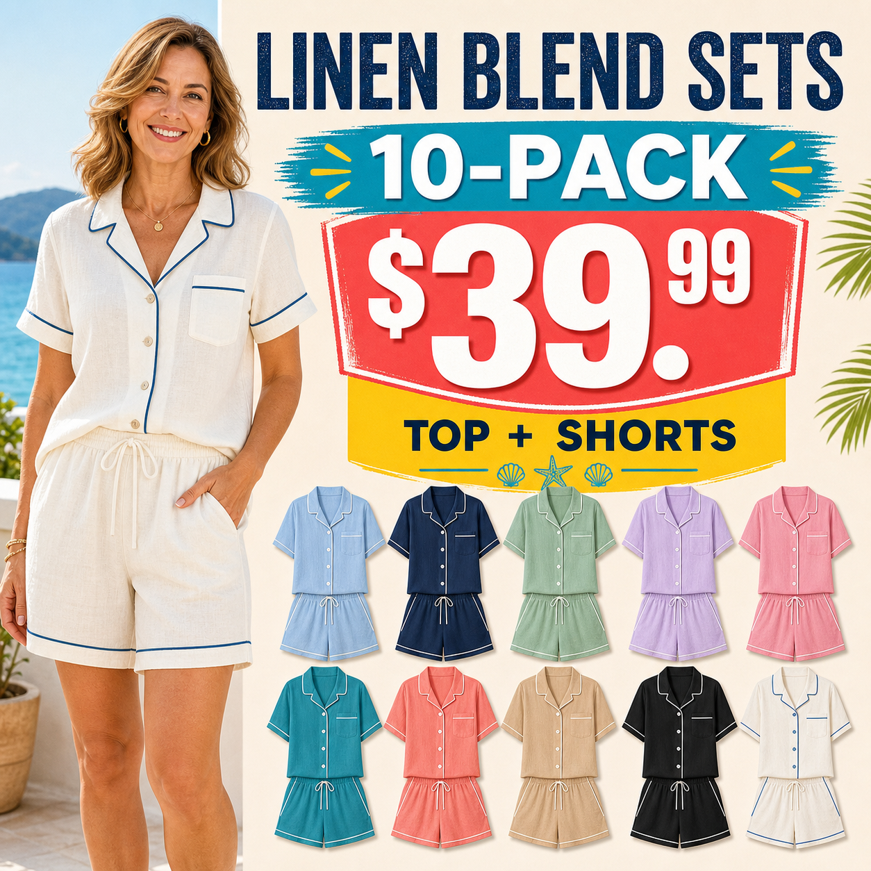 10-Pack - All 10 Colors - Women's Contrast Trim Linen Blend Top and Shorts Two-Piece Sets