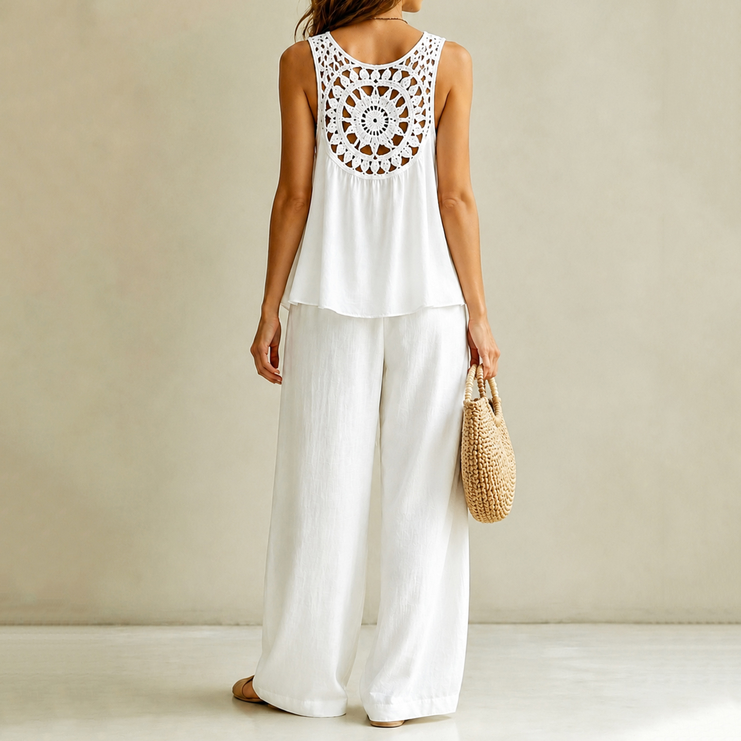 Vacation Solid Color Backless Floral Vest And Trousers Two-piece Set