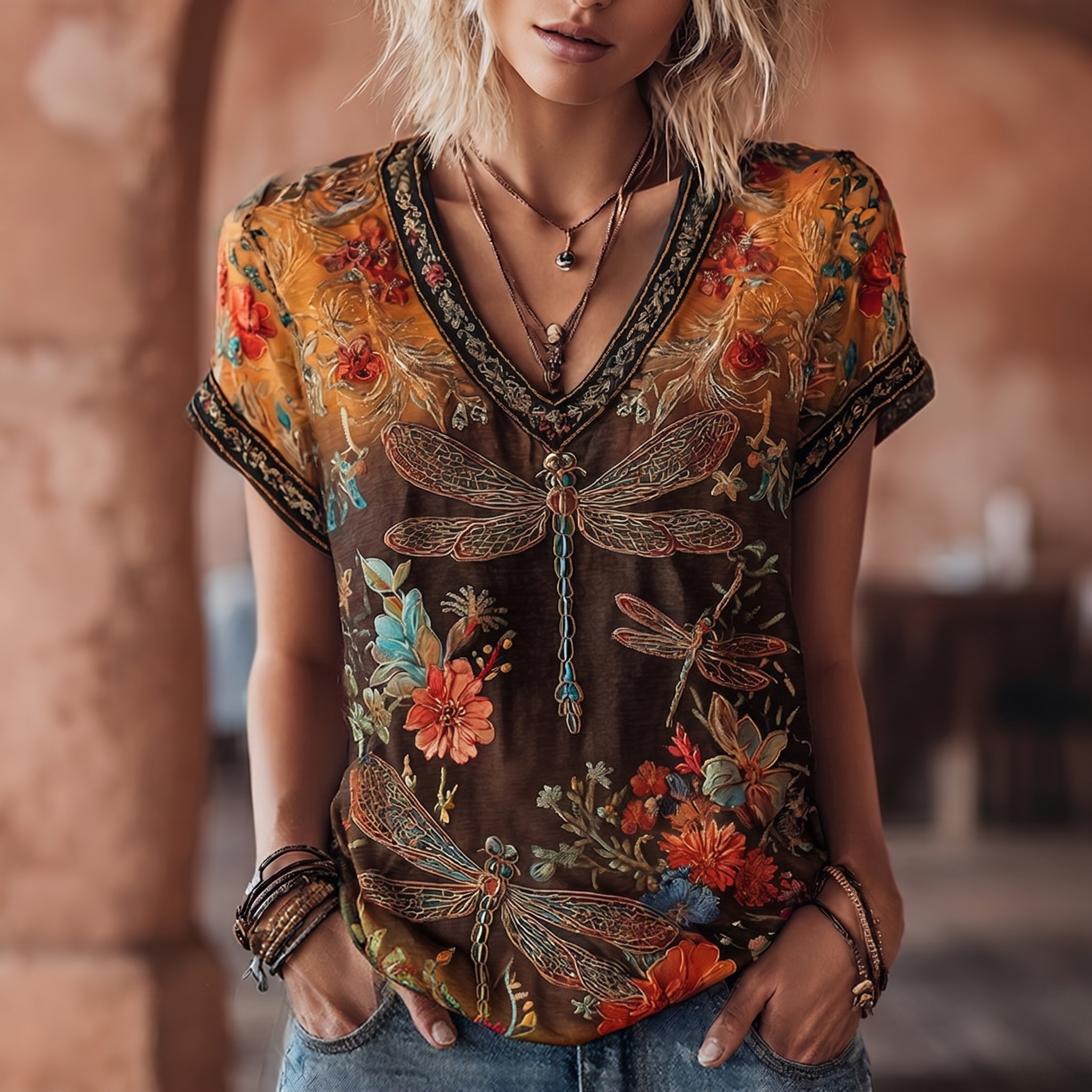 Women's Vintage Dragonfly And Floral Art Print V Neck Linen Blend Short Sleeve Tops