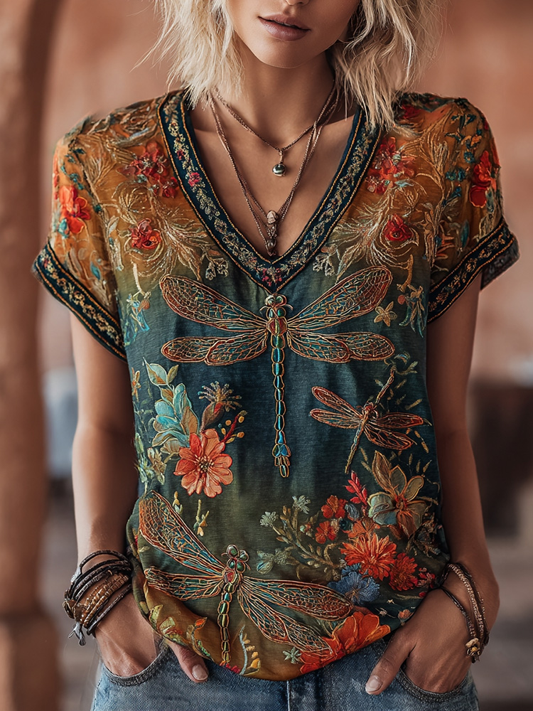 Women's Vintage Dragonfly And Floral Art Print V Neck Linen Blend Short Sleeve Tops