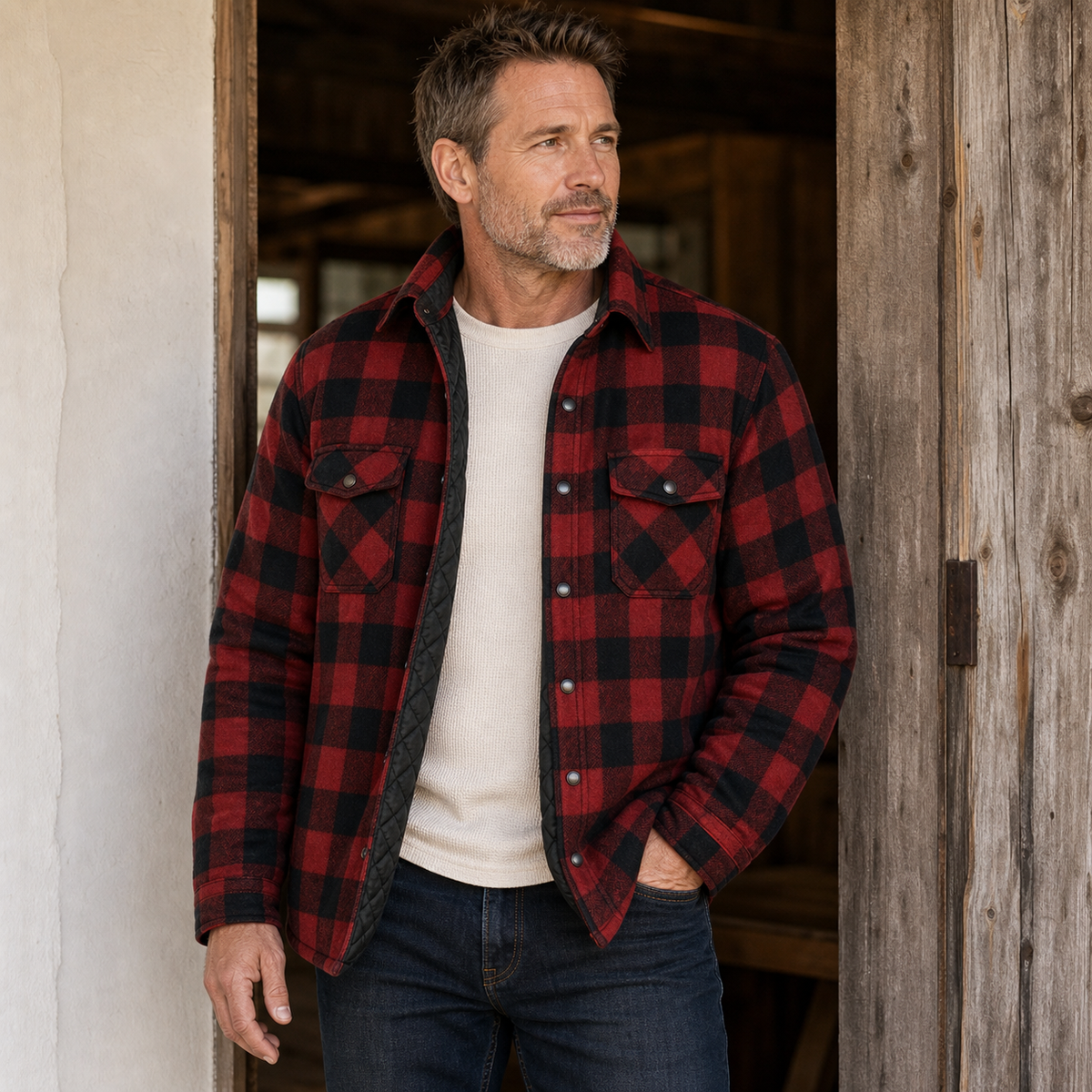 Men's insulated plaid shirt jacket model wearing