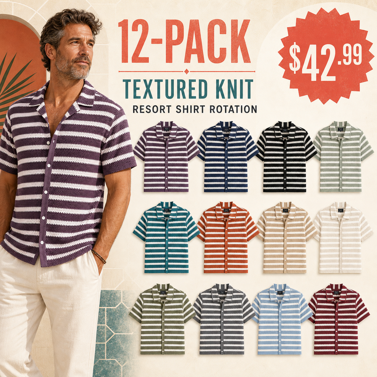 Men's Textured Knit Camp Collar Shirts