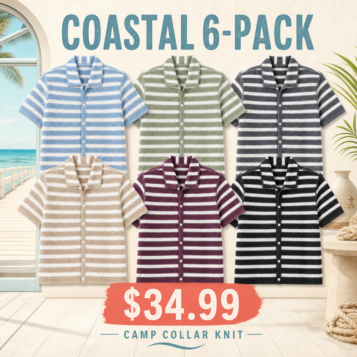 Men's Textured Knit Camp Collar Shirts