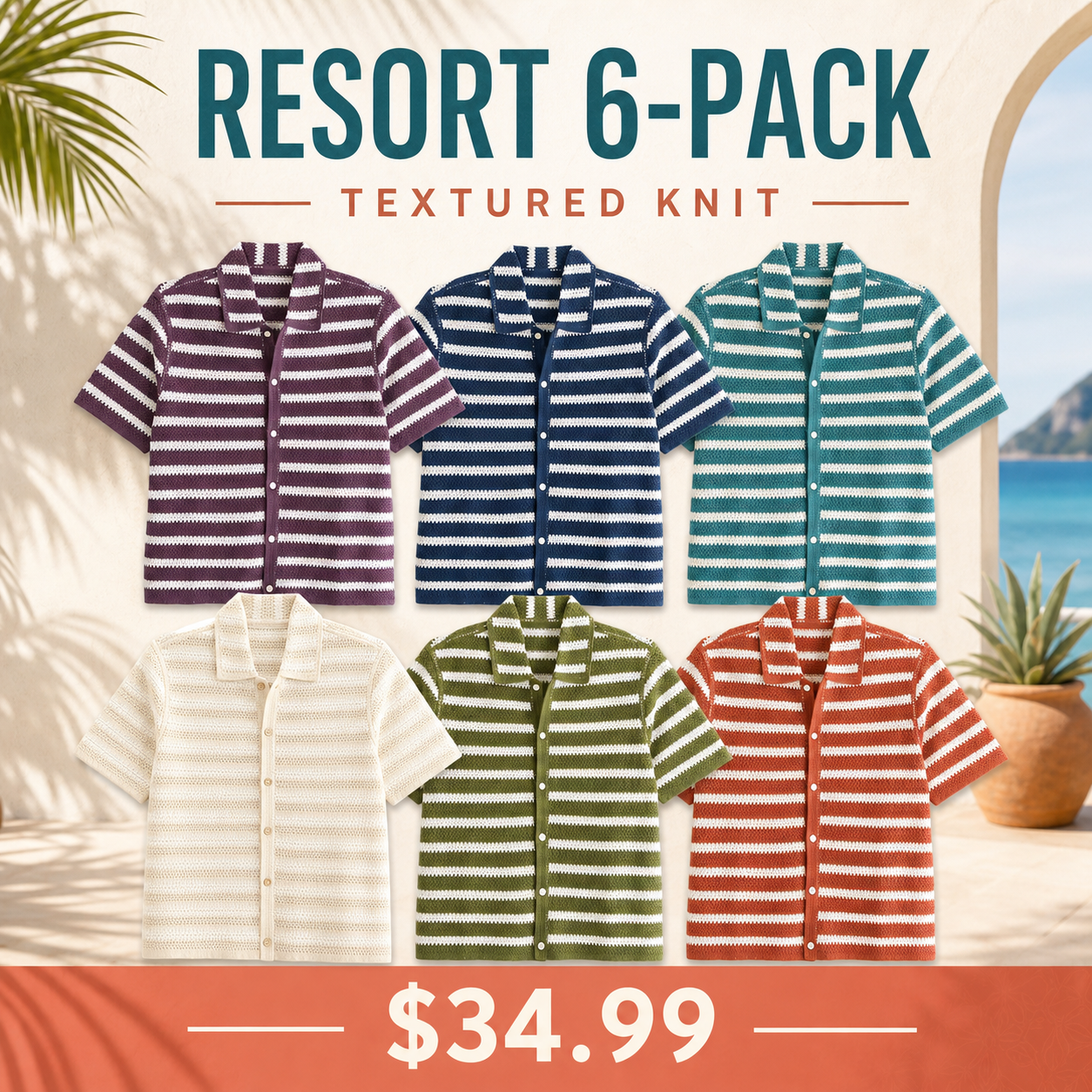 Men's Textured Knit Camp Collar Shirts