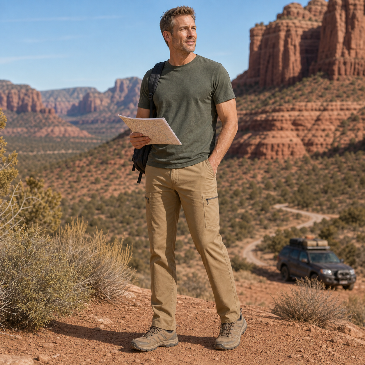 Western male model wearing buckskin khaki stretch cargo travel pants