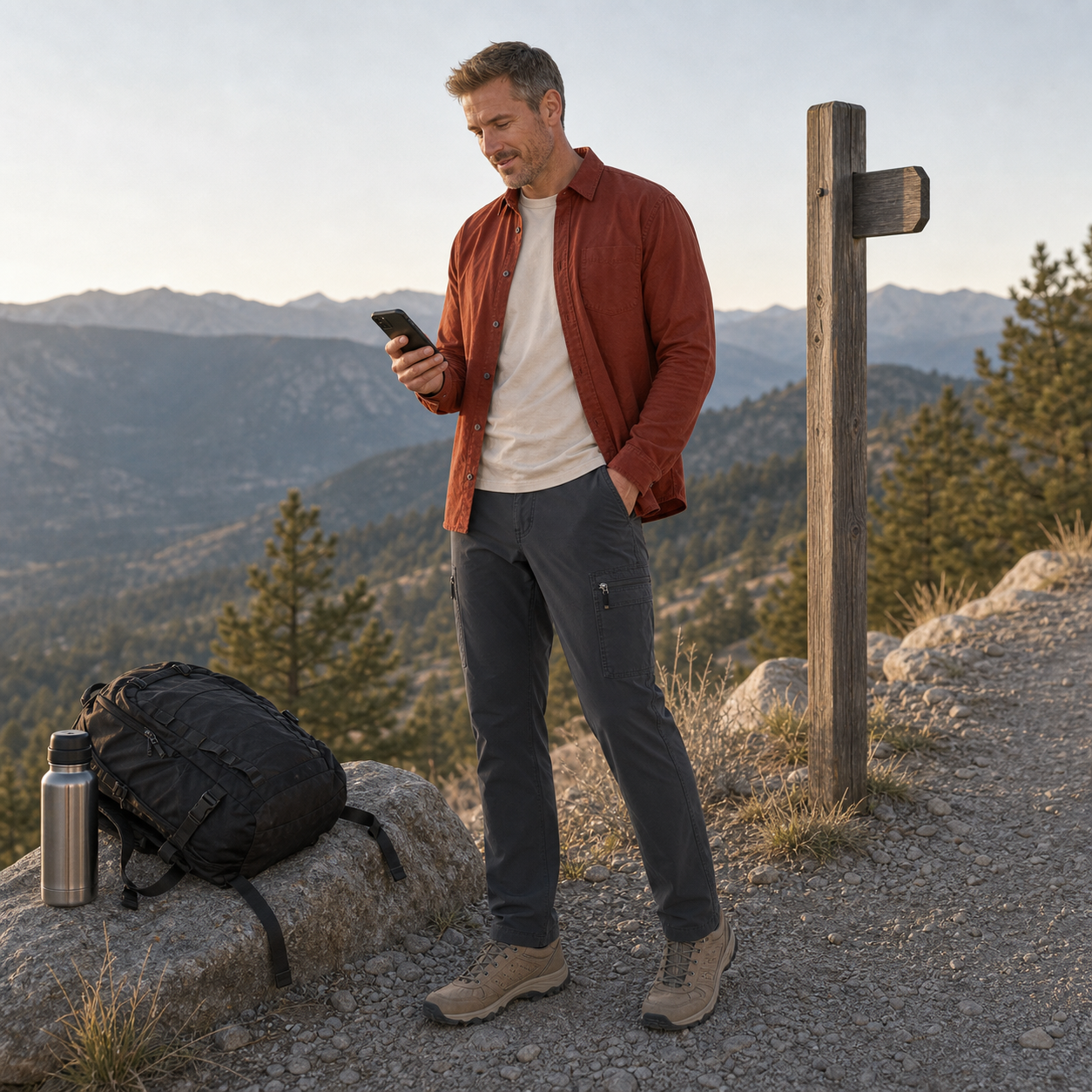 Western male model wearing charcoal stretch cargo travel pants in mountain travel scene