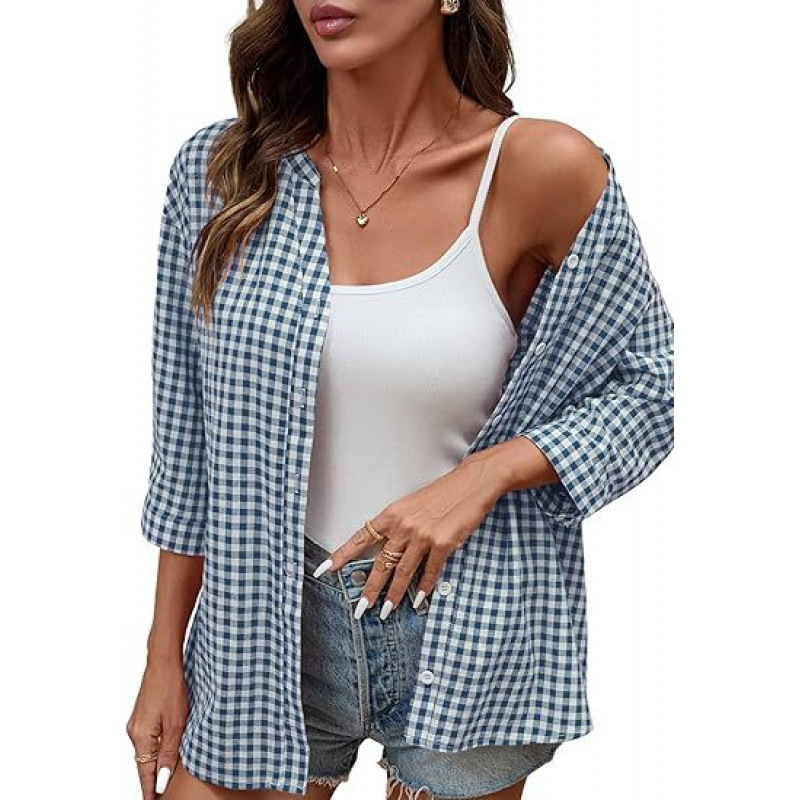 **Women’s Classic Gingham Button-Down Shirt – Lightweight Casual 3/4 Sleeve Relaxed Fit Top**