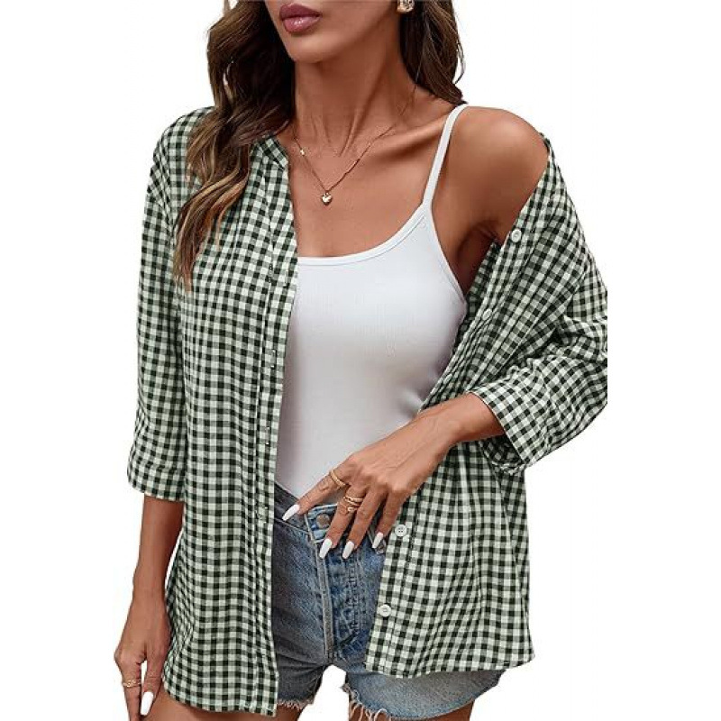 **Women’s Classic Gingham Button-Down Shirt – Lightweight Casual 3/4 Sleeve Relaxed Fit Top**