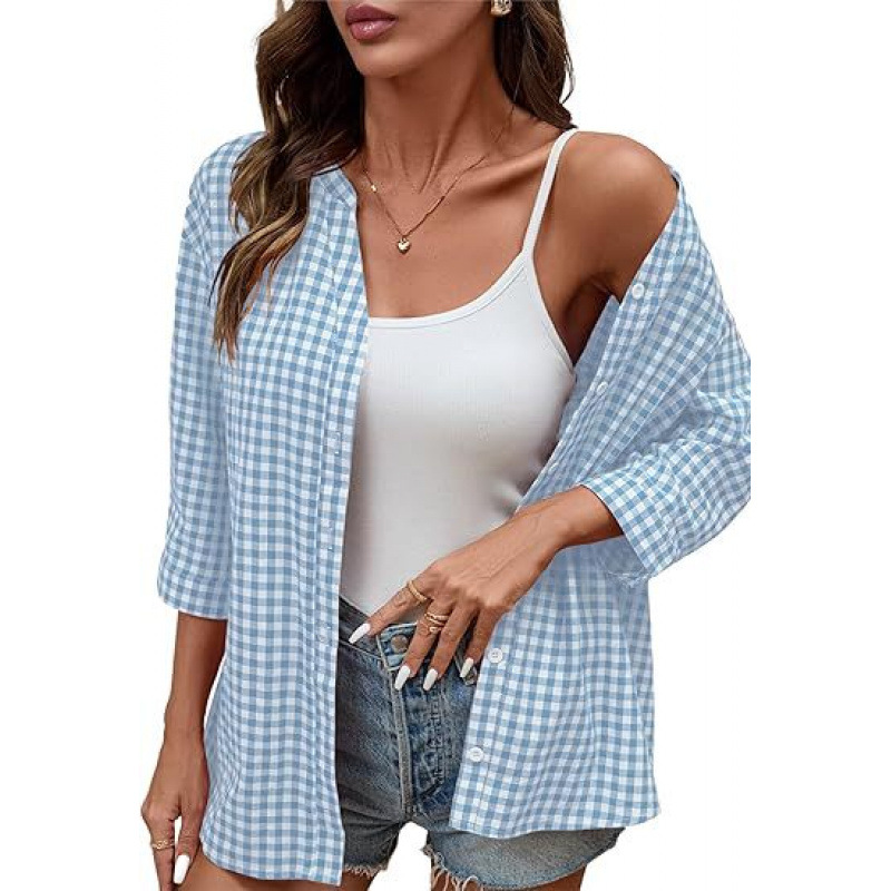 **Women’s Classic Gingham Button-Down Shirt – Lightweight Casual 3/4 Sleeve Relaxed Fit Top**