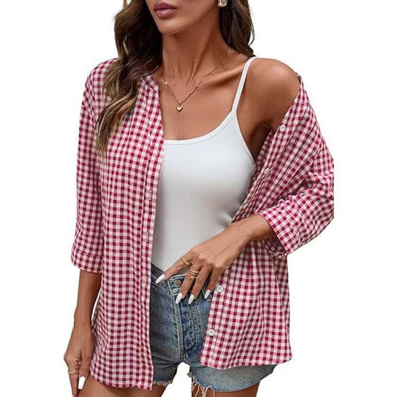 **Women’s Classic Gingham Button-Down Shirt – Lightweight Casual 3/4 Sleeve Relaxed Fit Top**