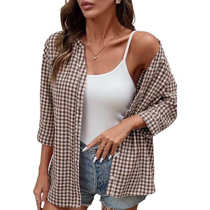 **Women’s Classic Gingham Button-Down Shirt – Lightweight Casual 3/4 Sleeve Relaxed Fit Top**
