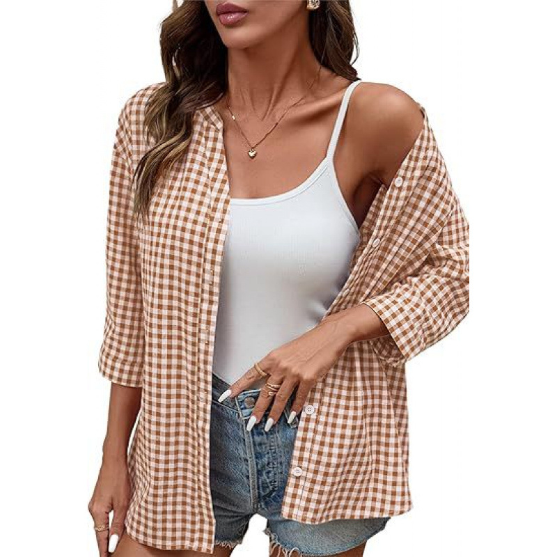 **Women’s Classic Gingham Button-Down Shirt – Lightweight Casual 3/4 Sleeve Relaxed Fit Top**