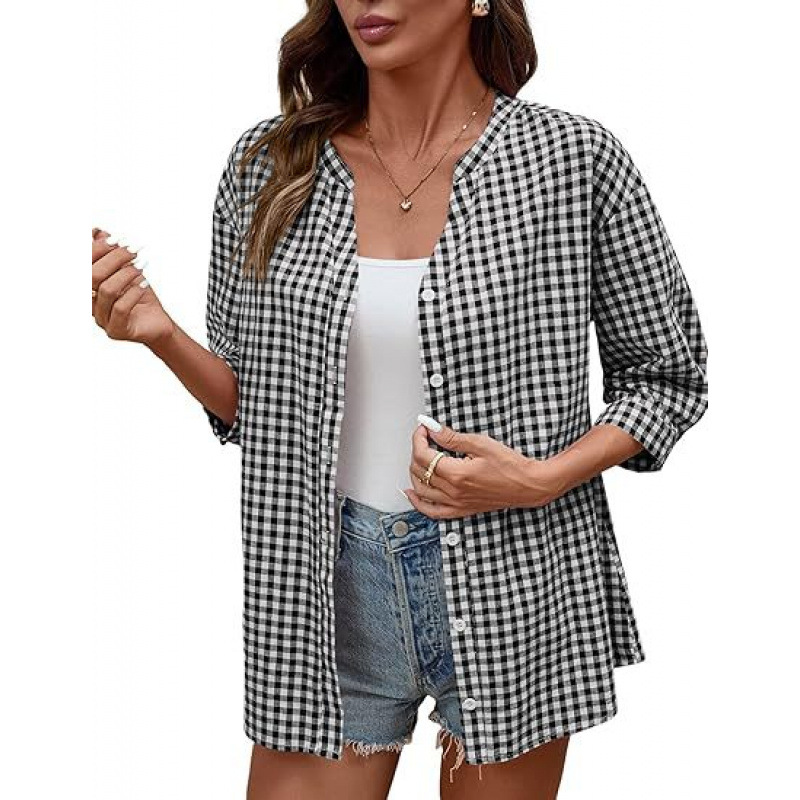 **Women’s Classic Gingham Button-Down Shirt – Lightweight Casual 3/4 Sleeve Relaxed Fit Top**