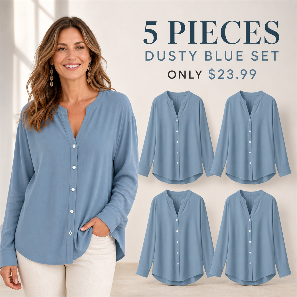 Women's Relaxed V-Neck Button-Front Long-Sleeve Top - 5-Piece Dusty Blue Set - $23.99