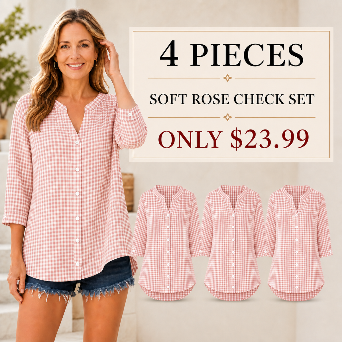 Women's Relaxed Gingham Button-Front Three-Quarter-Sleeve Blouse - 4-Piece Soft Rose/White Check Set - $23.99