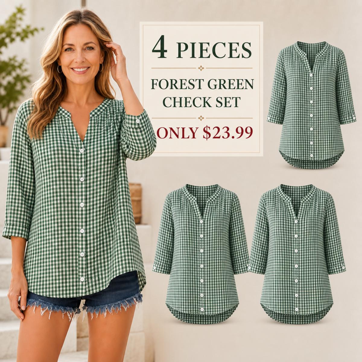 Women's Relaxed Gingham Button-Front Three-Quarter-Sleeve Blouse - 4-Piece Forest Green/White Check Set - $23.99