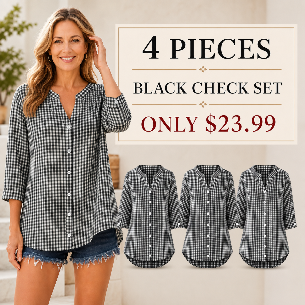 Women's Relaxed Gingham Button-Front Three-Quarter-Sleeve Blouse - 4-Piece Black/White Check Set - $23.99