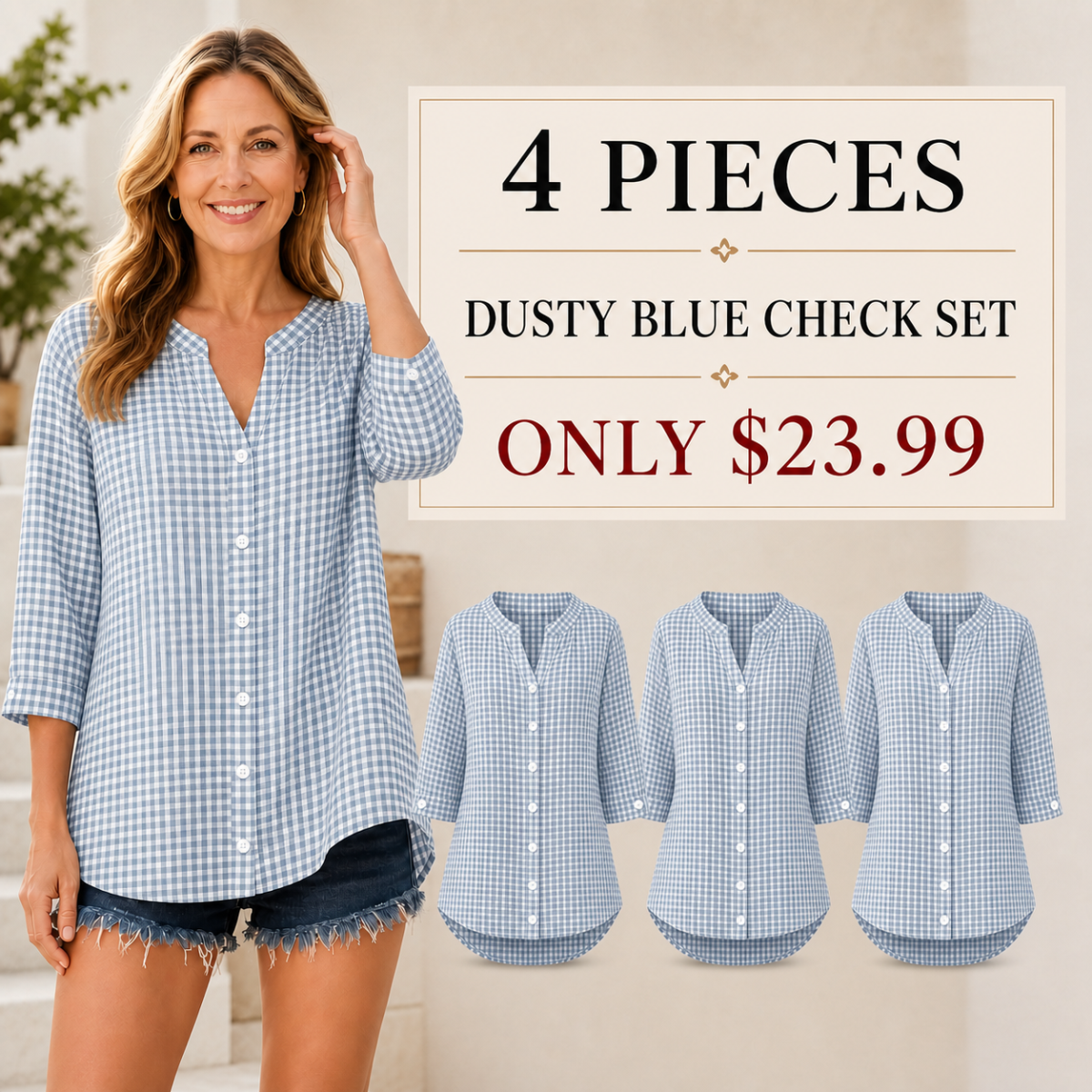 Women's Relaxed Gingham Button-Front Three-Quarter-Sleeve Blouse - 4-Piece Dusty Blue/White Check Set - $23.99