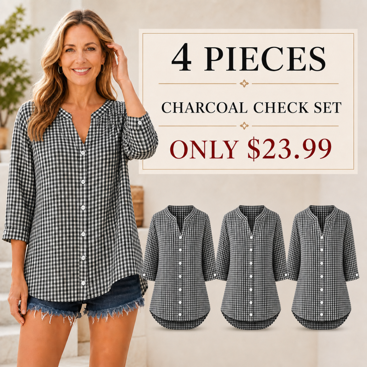 Women's Relaxed Gingham Button-Front Three-Quarter-Sleeve Blouse - 4-Piece Charcoal/White Check Set - $23.99