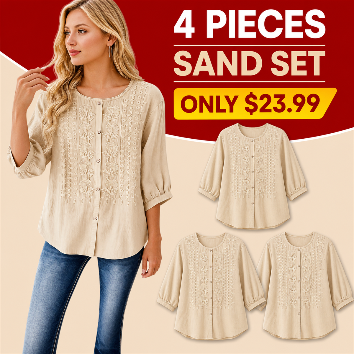 Women's Embroidered Button-Front Three-Quarter-Sleeve Blouse - 4-Piece Sand Set - $23.99